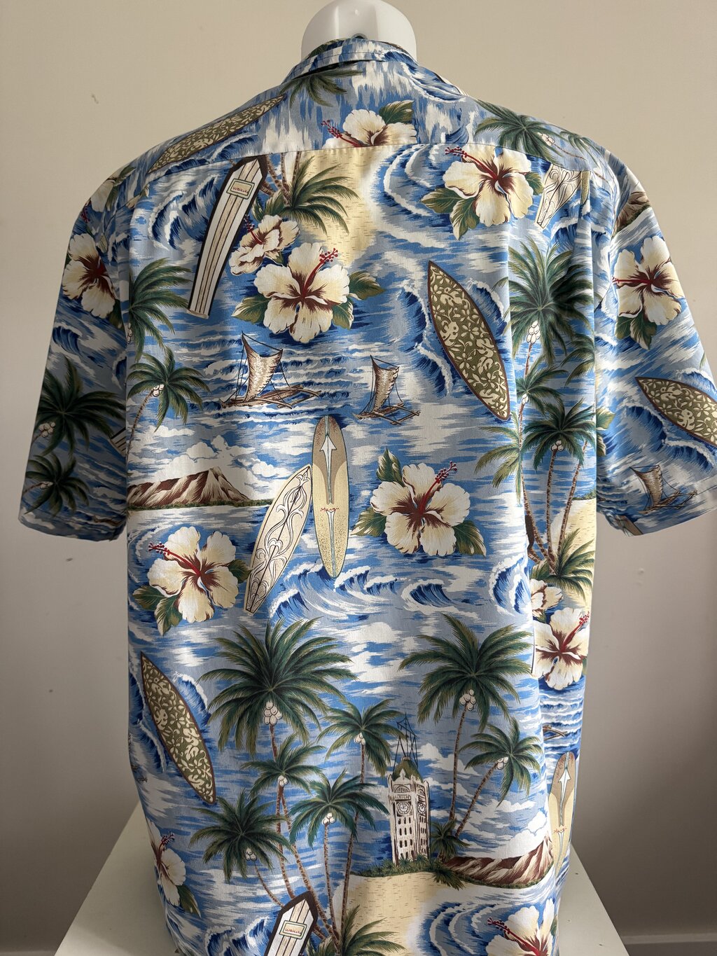 Late 70s Royal Creations Scenic Shirt – Navy Cotton Blend with Canoes & Palm Trees (L)