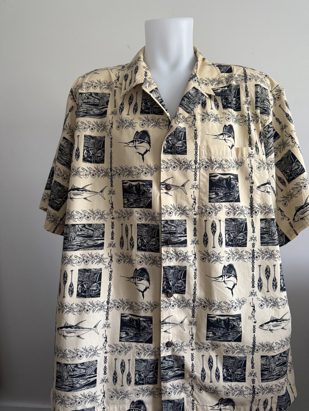 90s Island Aloha Wear Scenic Jungle Shirt – Lush Green with Palm Trees & Huts (L)