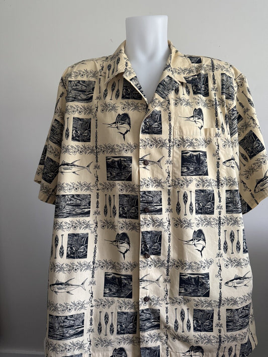 90s Island Aloha Wear Scenic Jungle Shirt – Lush Green with Palm Trees & Huts (L)