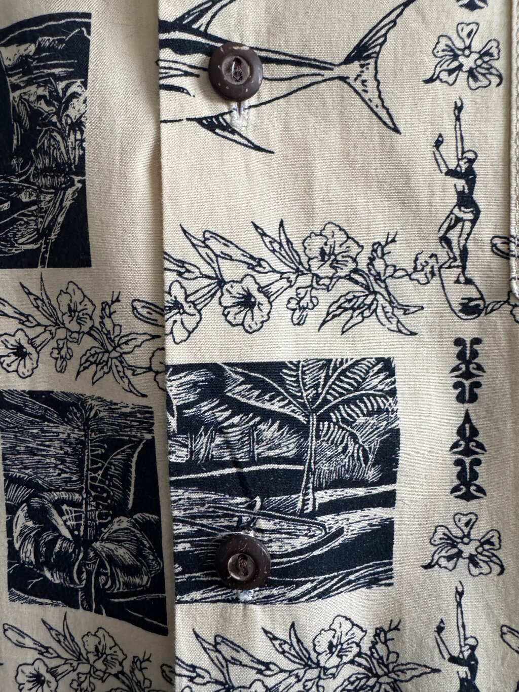 90s Island Aloha Wear Scenic Jungle Shirt – Lush Green with Palm Trees & Huts (L)