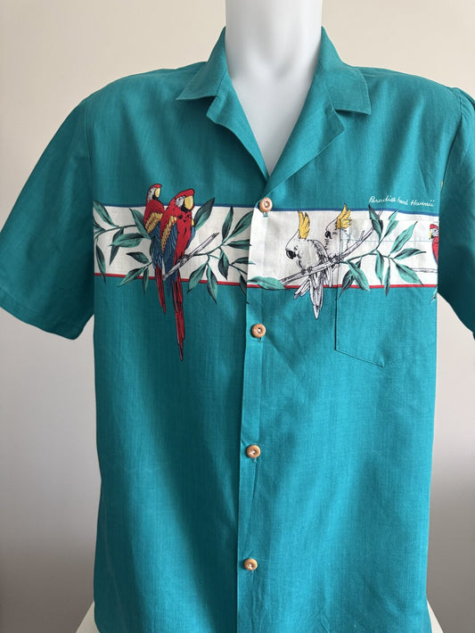 80s Paradise Found Macaw & Cockatoo Shirt – Teal Cotton with Bamboo Band (L)
