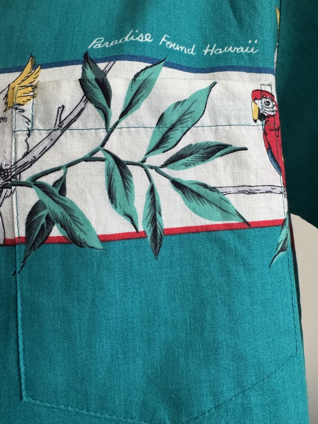 80s Paradise Found Macaw & Cockatoo Shirt – Teal Cotton with Bamboo Band (L)