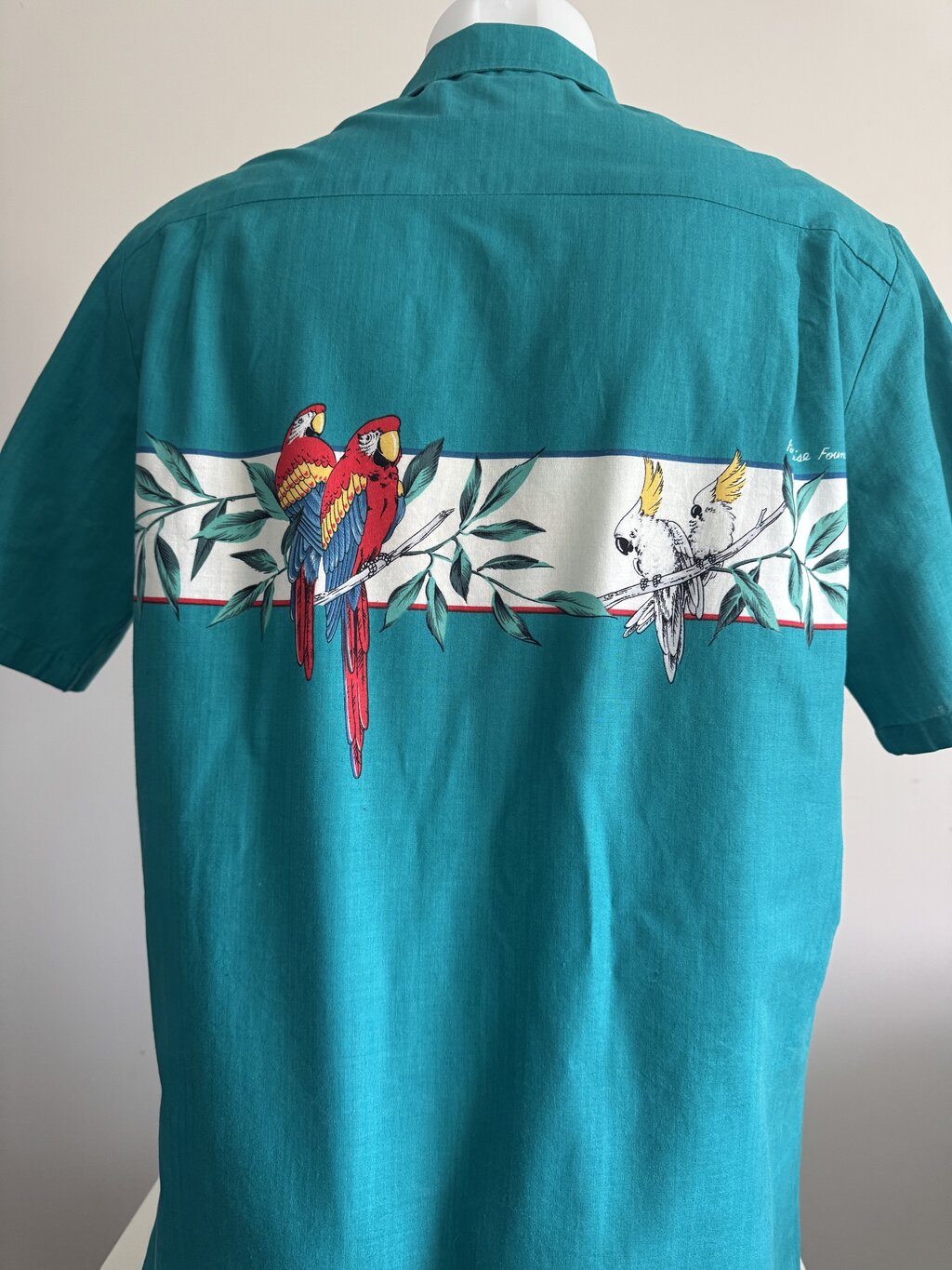 80s Paradise Found Macaw & Cockatoo Shirt – Teal Cotton with Bamboo Band (L)