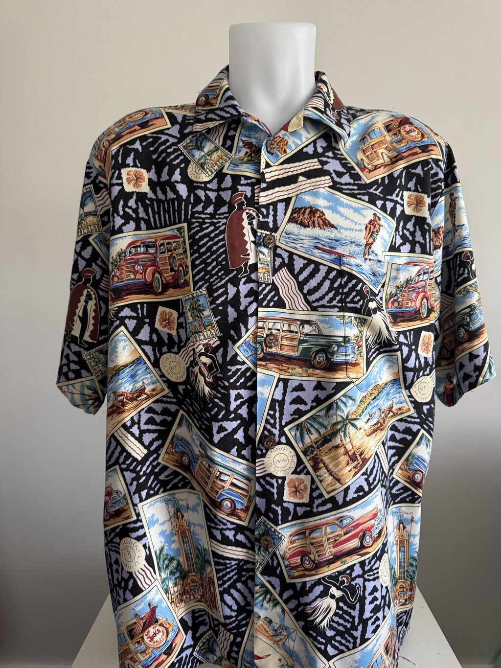 1980s Joe Kealoha’s Postcard Aloha Shirt – Black Tapa with Surf & Woody Car Collage (M)