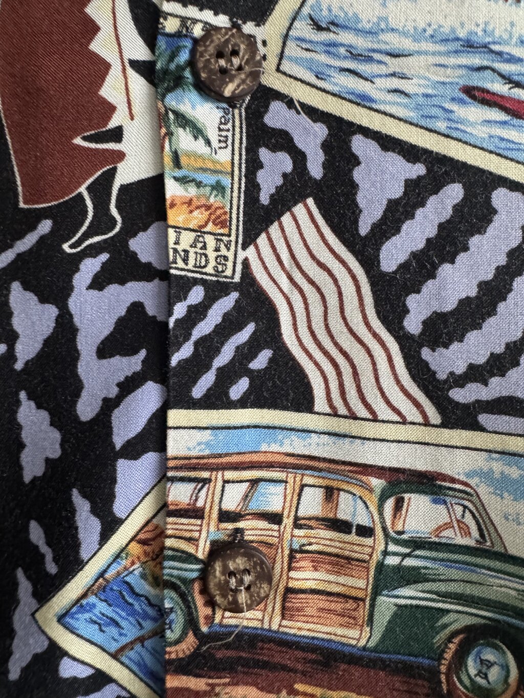 1980s Joe Kealoha’s Postcard Aloha Shirt – Black Tapa with Surf & Woody Car Collage (M)