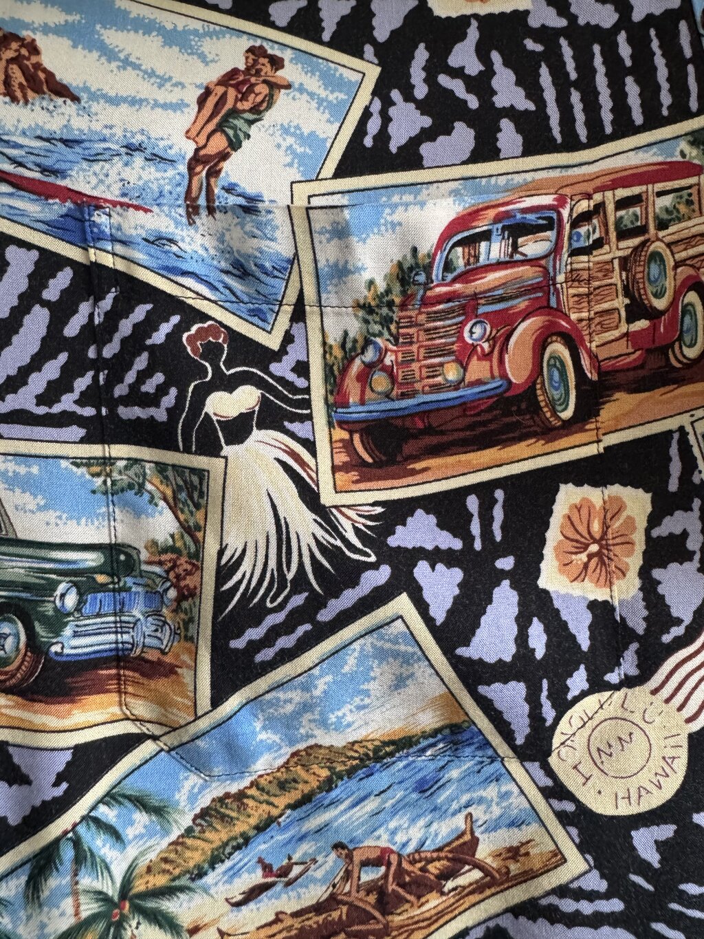 1980s Joe Kealoha’s Postcard Aloha Shirt – Black Tapa with Surf & Woody Car Collage (M)