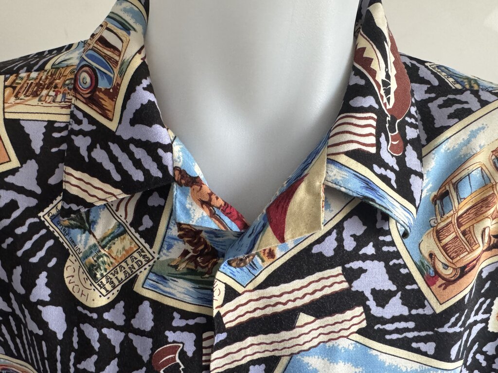 1980s Joe Kealoha’s Postcard Aloha Shirt – Black Tapa with Surf & Woody Car Collage (M)