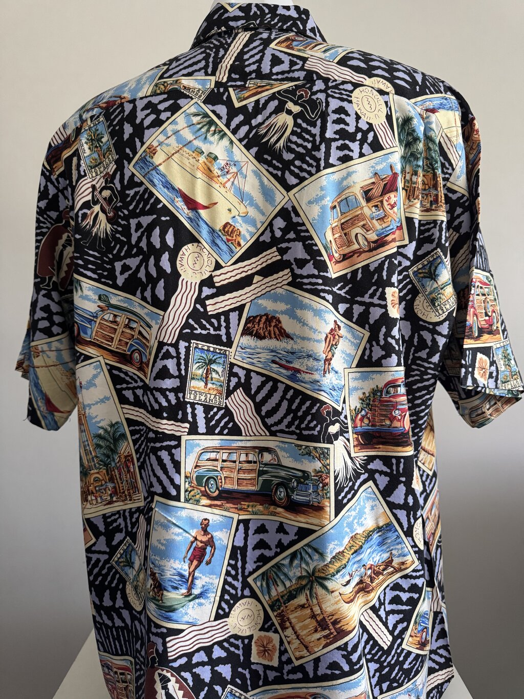 1980s Joe Kealoha’s Postcard Aloha Shirt – Black Tapa with Surf & Woody Car Collage (M)