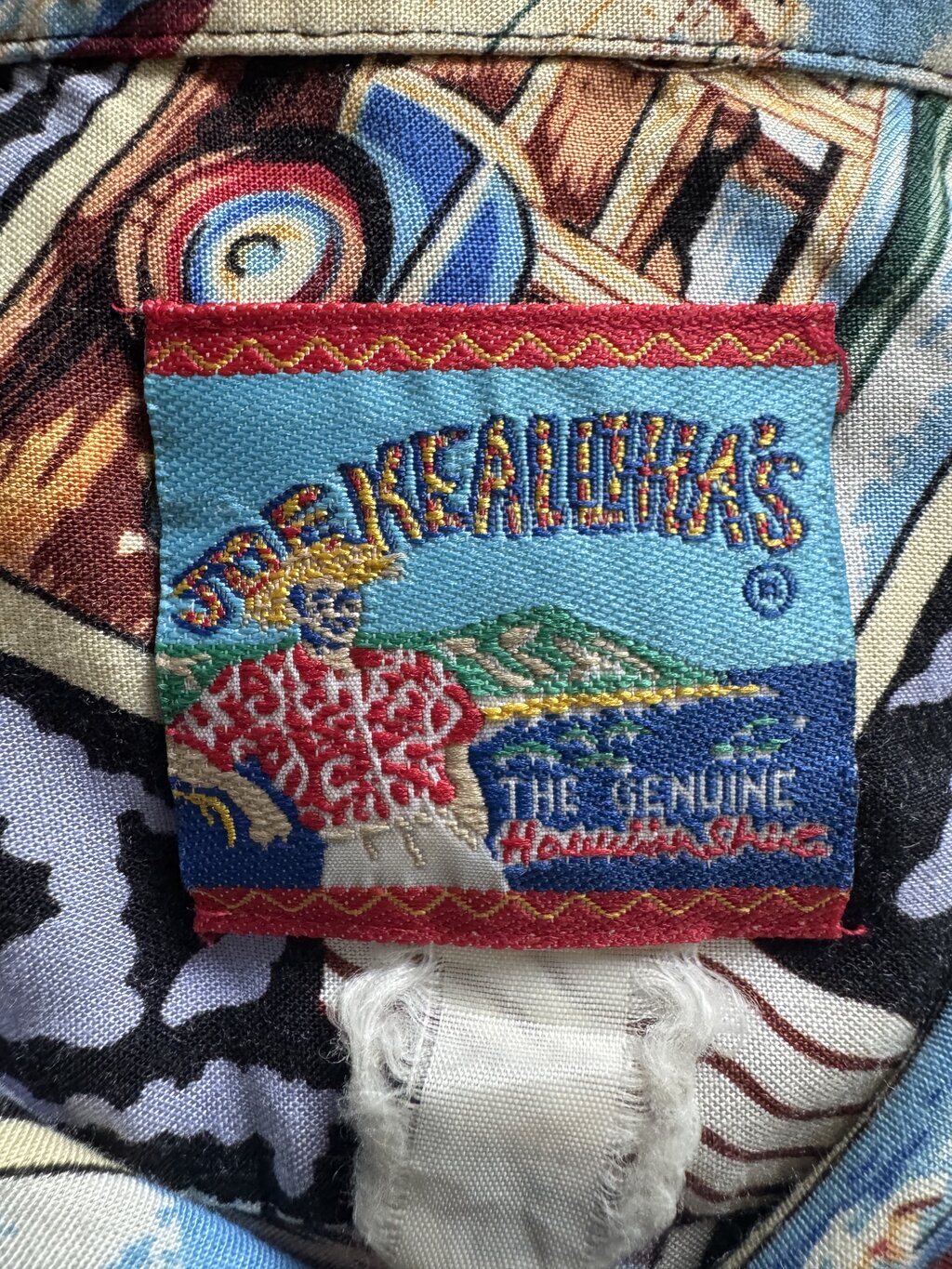 1980s Joe Kealoha’s Postcard Aloha Shirt – Black Tapa with Surf & Woody Car Collage (M)