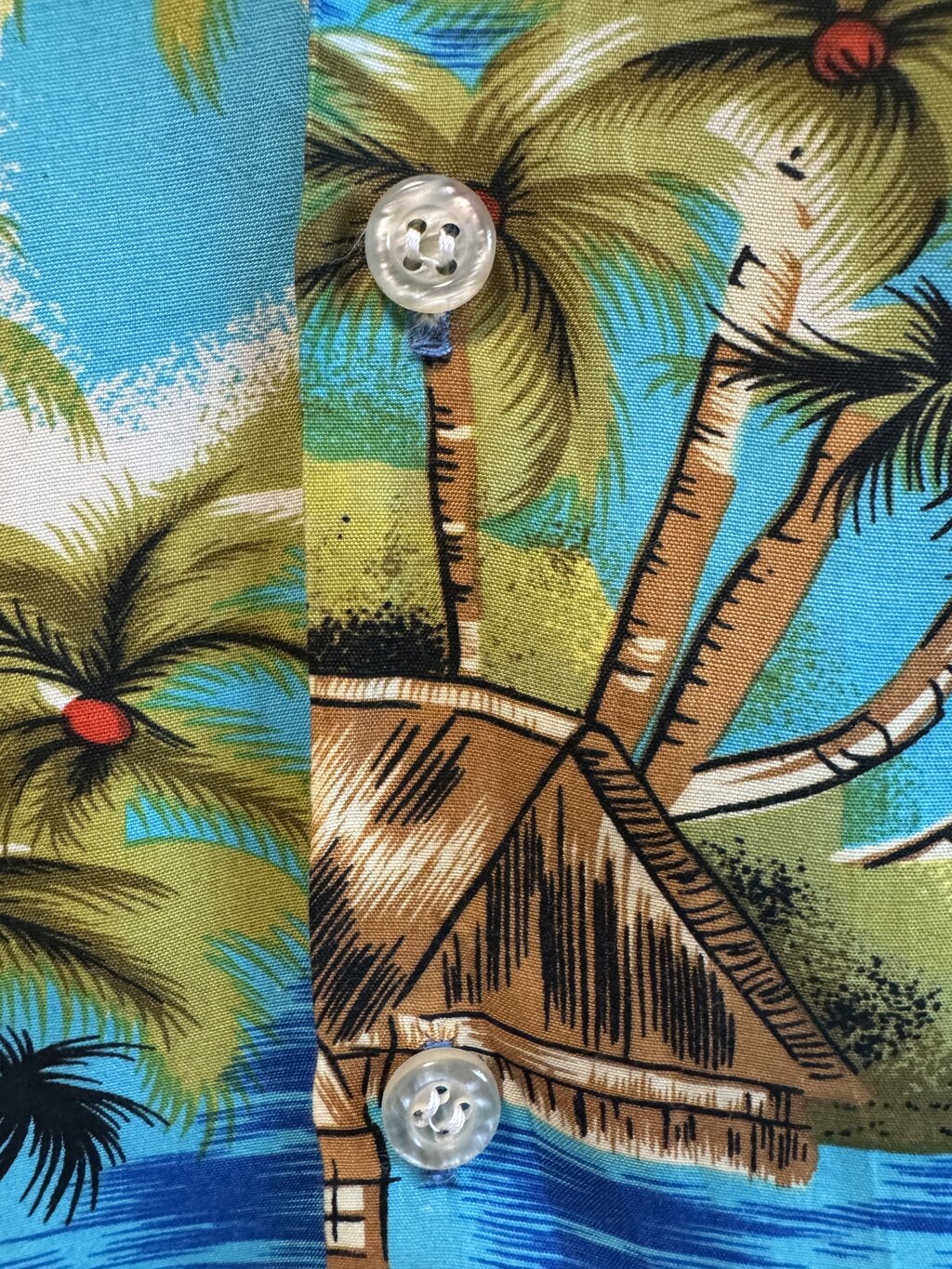 1980s Manhattan Jamaican Scenic Shirt – Turquoise Rayon Islandscape (M)