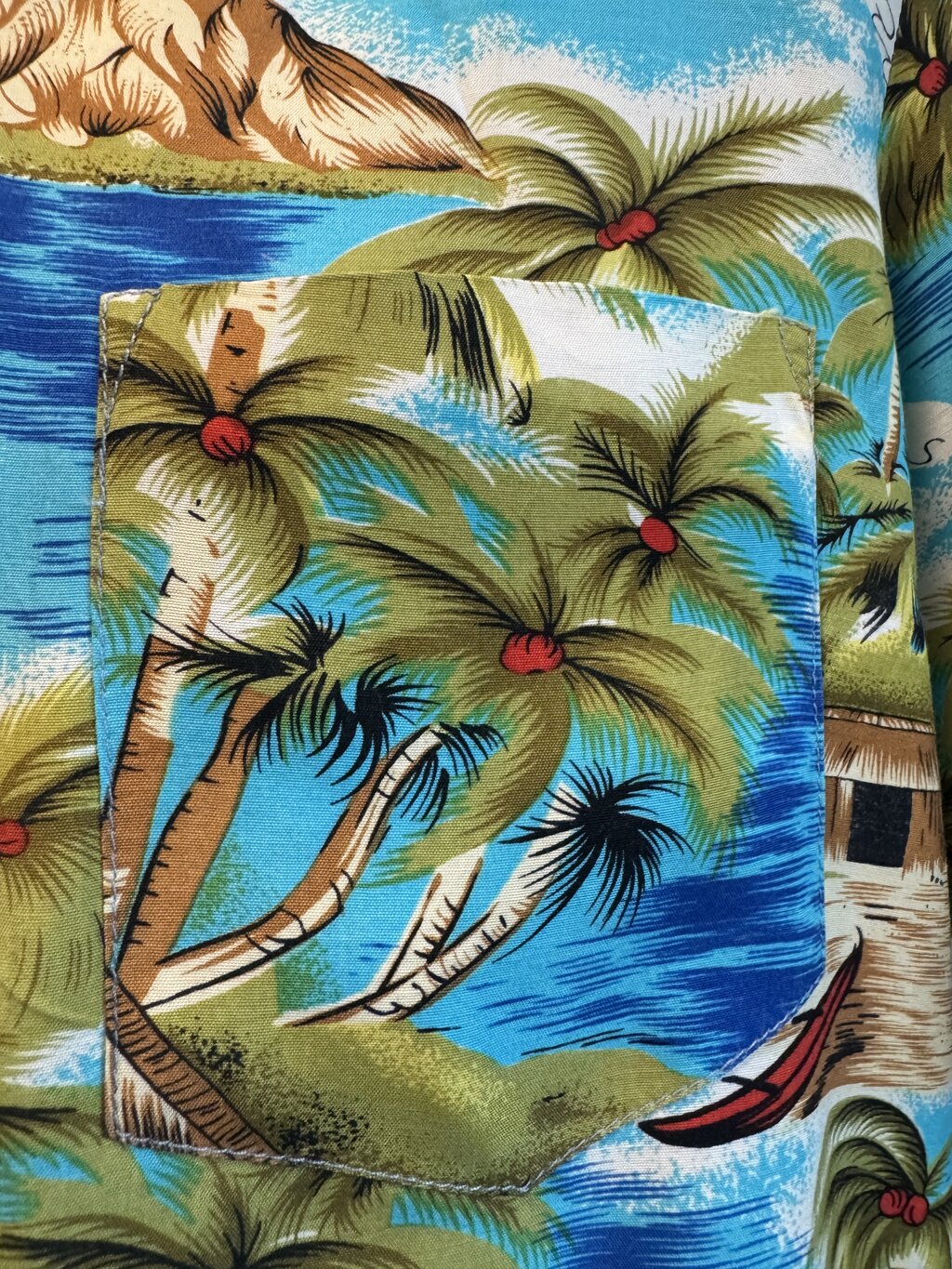 1980s Manhattan Jamaican Scenic Shirt – Turquoise Rayon Islandscape (M)