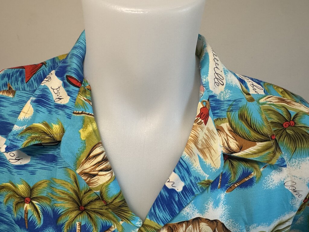 1980s Manhattan Jamaican Scenic Shirt – Turquoise Rayon Islandscape (M)