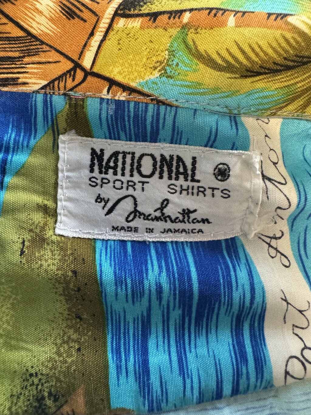 1980s Manhattan Jamaican Scenic Shirt – Turquoise Rayon Islandscape (M)