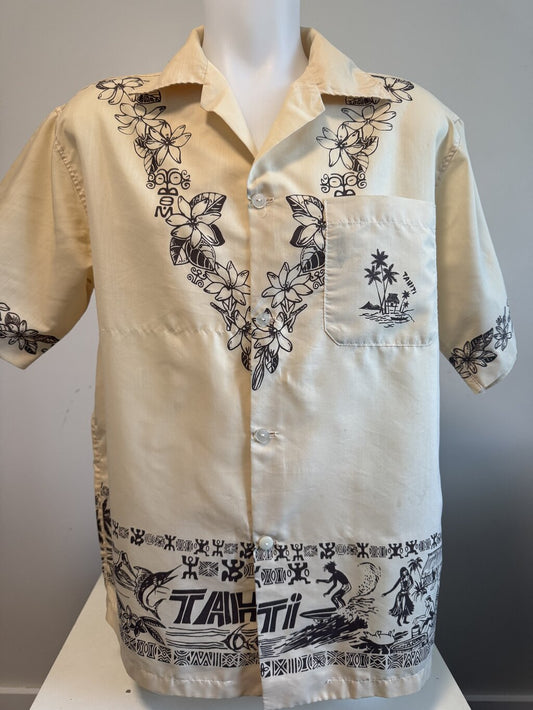 1980s Papeete Tahiti Border Print Shirt – Cream & Black Polynesian Motif (L)