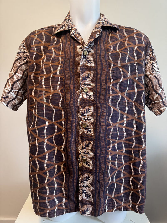 1960s Liberty House Tapa Shirt – Brown Tribal Barkcloth Print (XL)