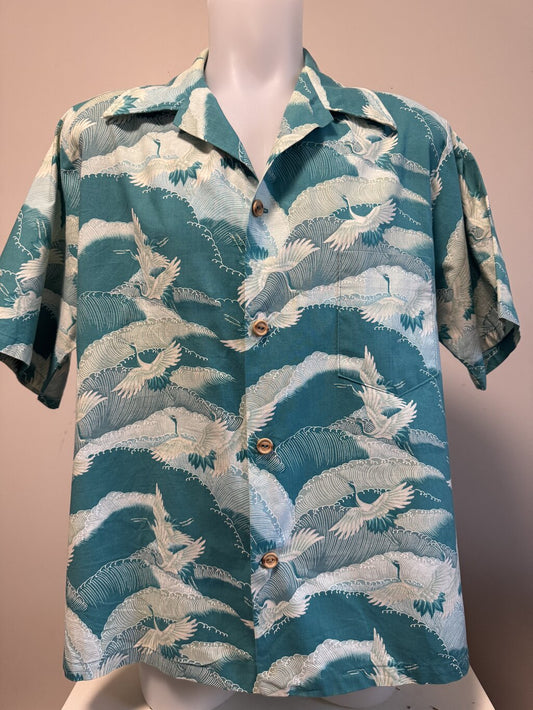 1970s Kapaia Stitchery Crane Print Shirt – Teal Cotton with Soaring Birds (L)