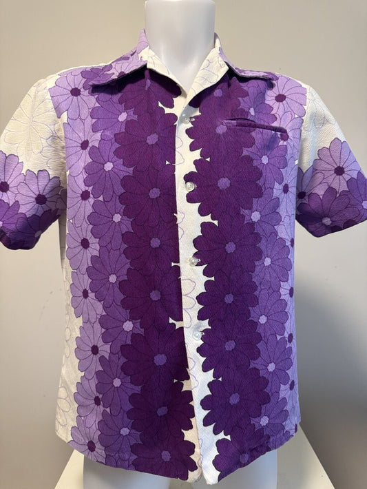 1970s Ui-Maikai Mod Floral Shirt – Purple Daisy Burst Barkcloth (M)