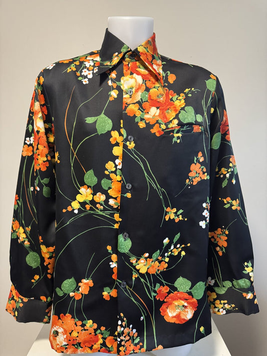 1970s Tori Richard Floral Satin Shirt – Black with Orange Blossom Explosion (M)