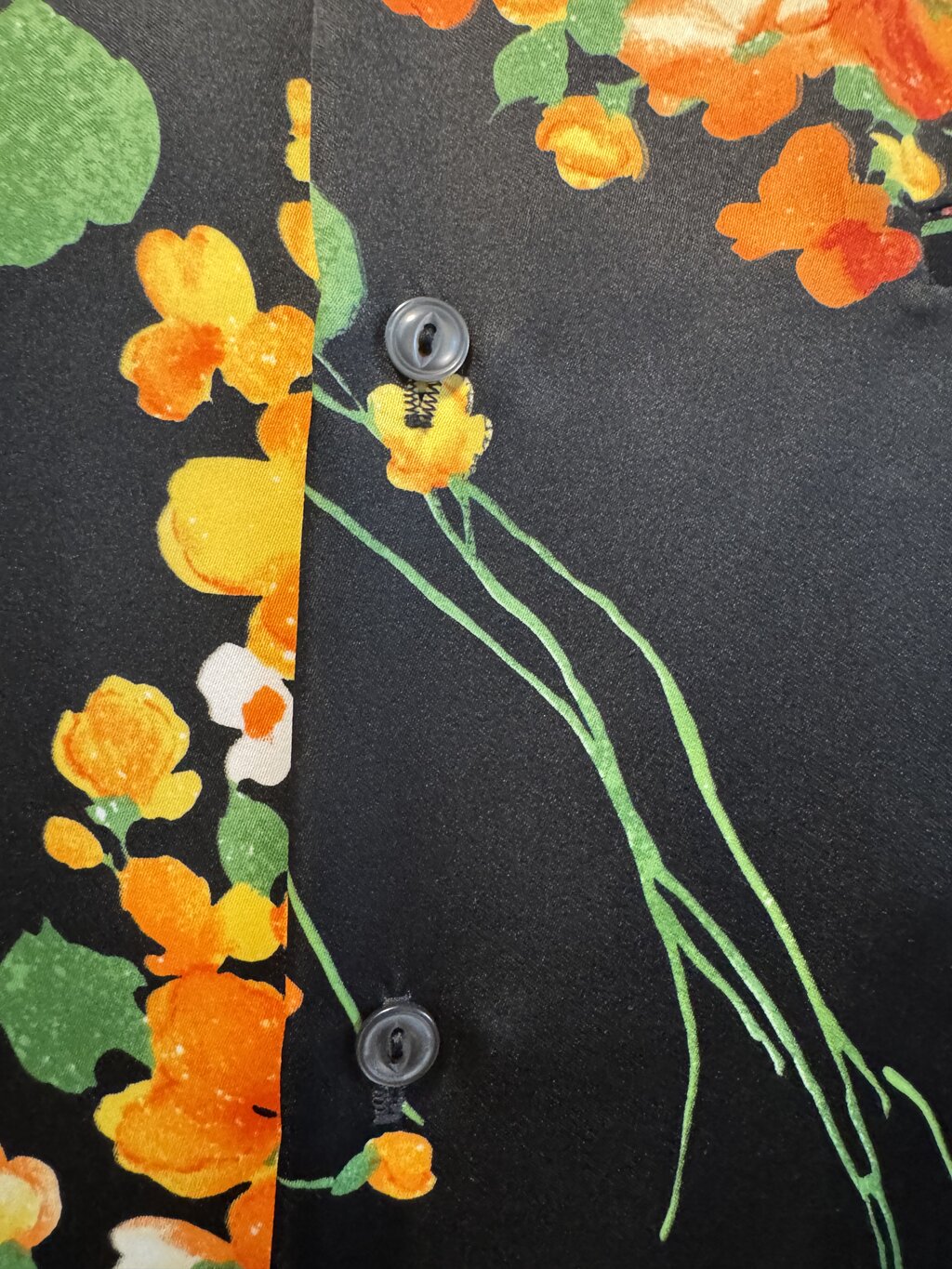 1970s Tori Richard Floral Satin Shirt – Black with Orange Blossom Explosion (M)