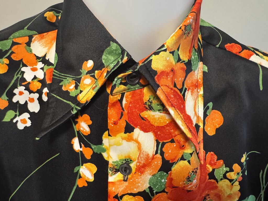 1970s Tori Richard Floral Satin Shirt – Black with Orange Blossom Explosion (M)