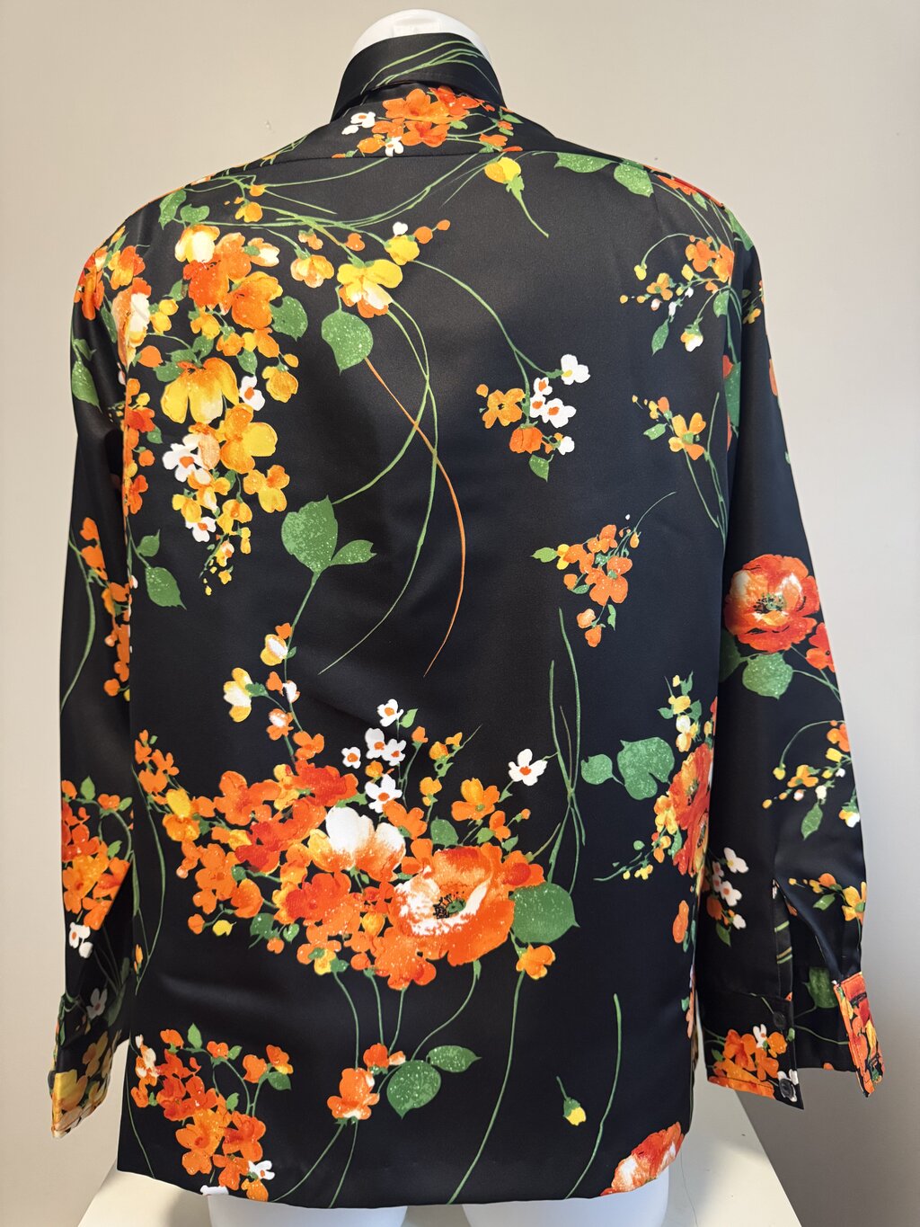 1970s Tori Richard Floral Satin Shirt – Black with Orange Blossom Explosion (M)