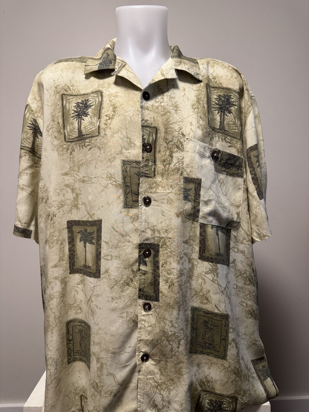 1990s Montego Joe Palm Tree Block Print Shirt – Beige/Olive (XL)