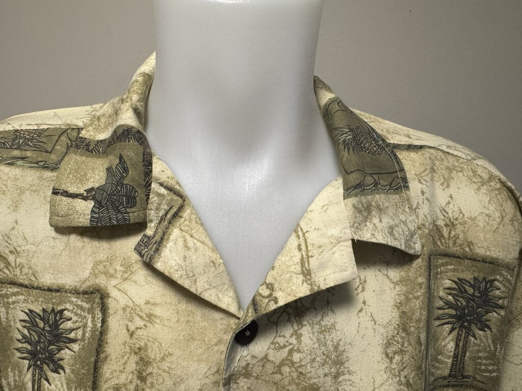 1990s Montego Joe Palm Tree Block Print Shirt – Beige/Olive (XL)