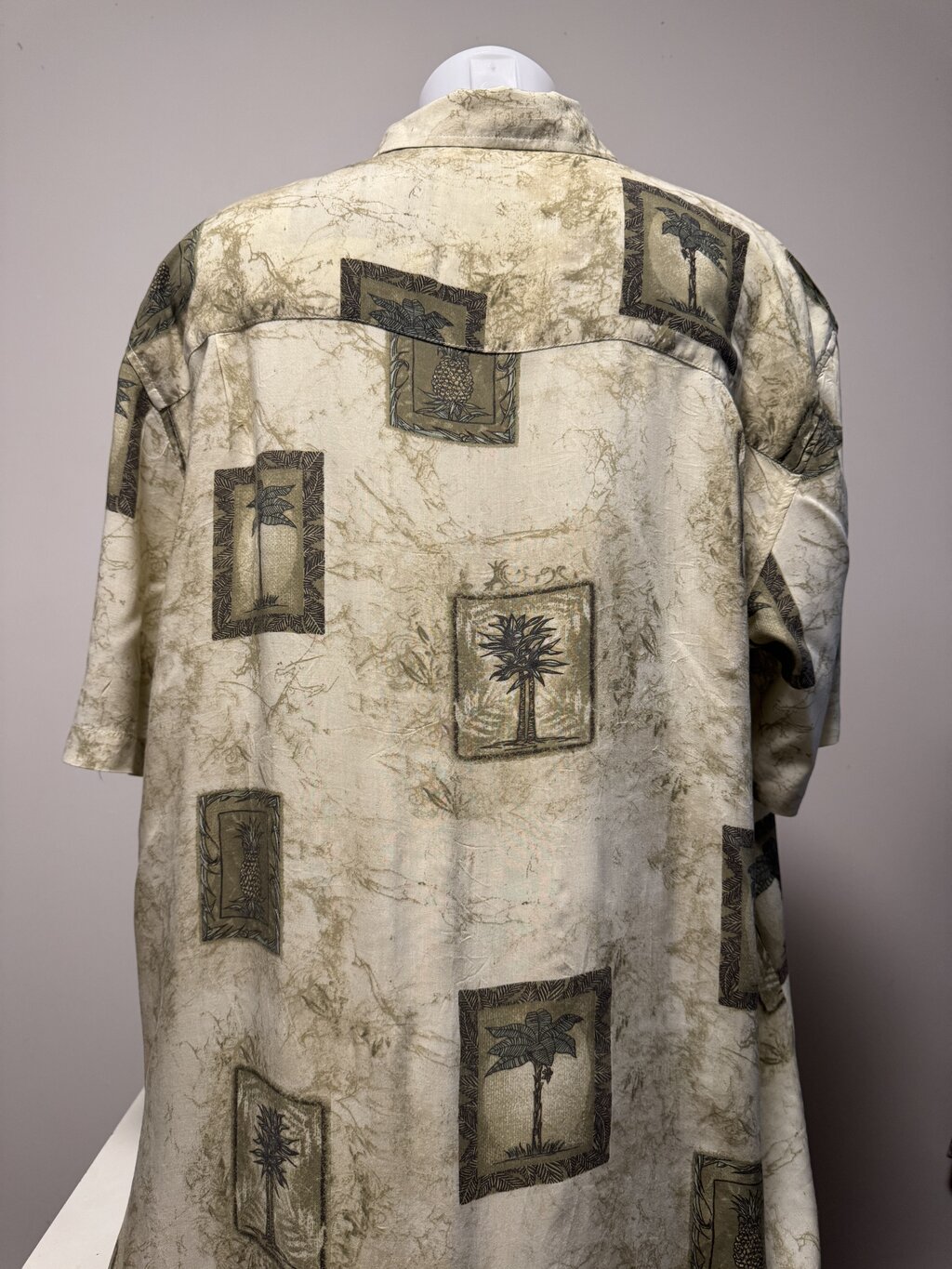 1990s Montego Joe Palm Tree Block Print Shirt – Beige/Olive (XL)