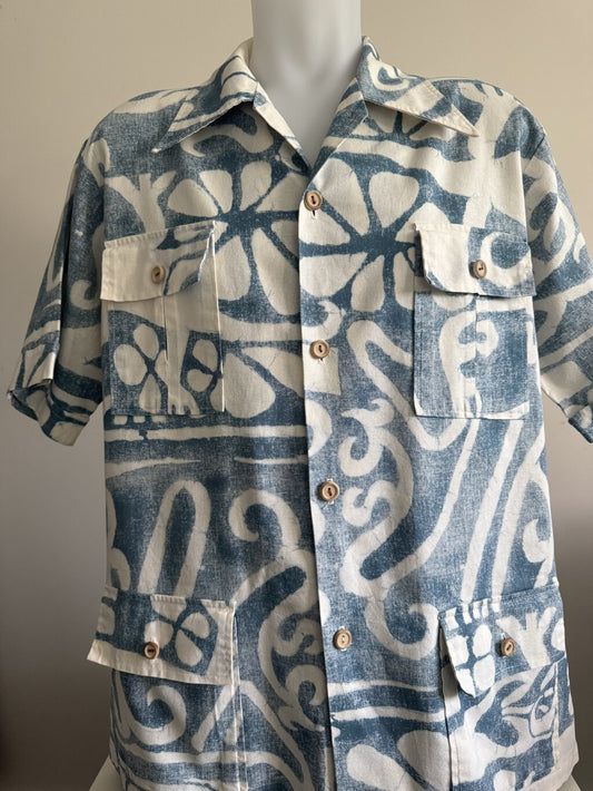 1960s Surf Line Liberty House Aloha Shirt – Tapa-Inspired Indigo Print w/ 4 Pockets (XL)