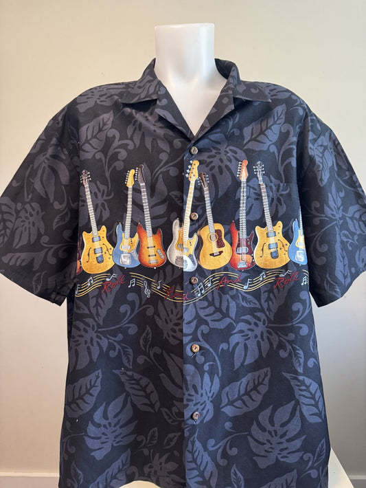 Modern Era Pacific Legend Rock & Roll Shirt – Black Cotton with Guitar Border Print (2XL)