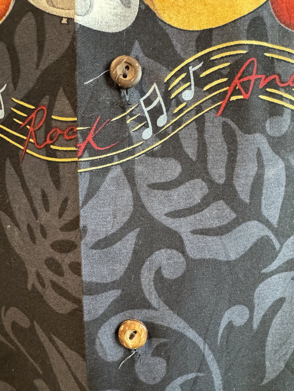 Modern Era Pacific Legend Rock & Roll Shirt – Black Cotton with Guitar Border Print (2XL)