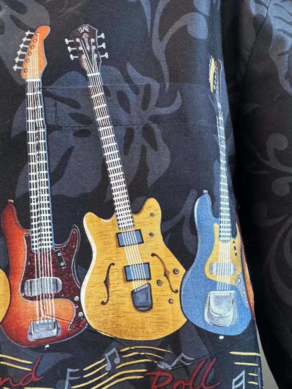 Modern Era Pacific Legend Rock & Roll Shirt – Black Cotton with Guitar Border Print (2XL)