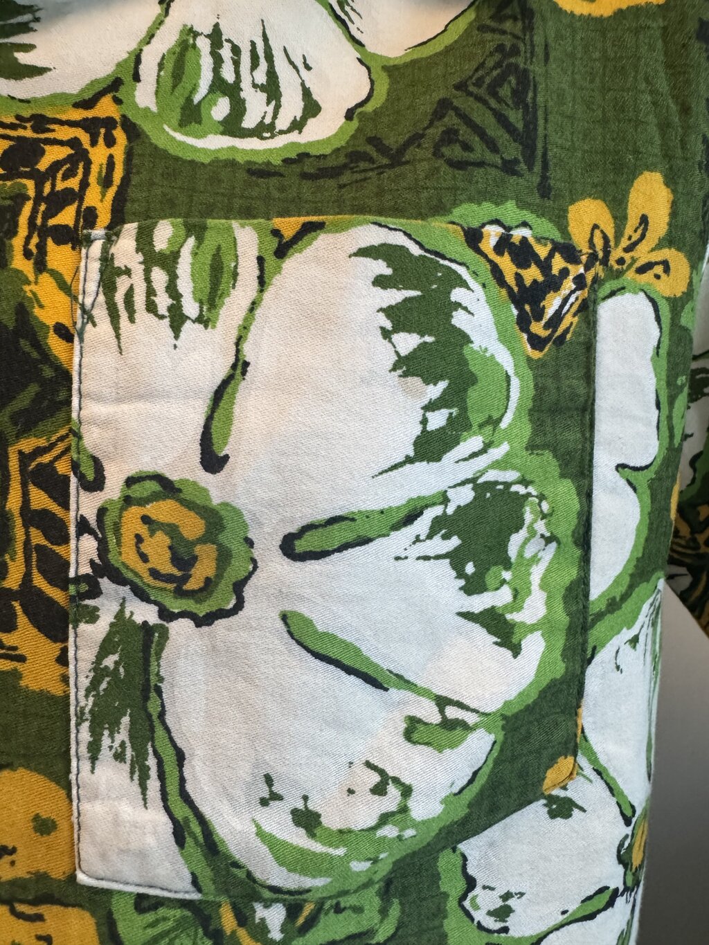 1960s Kona Kai Floral Geometric Shirt – Green, Yellow & White Cotton (M)