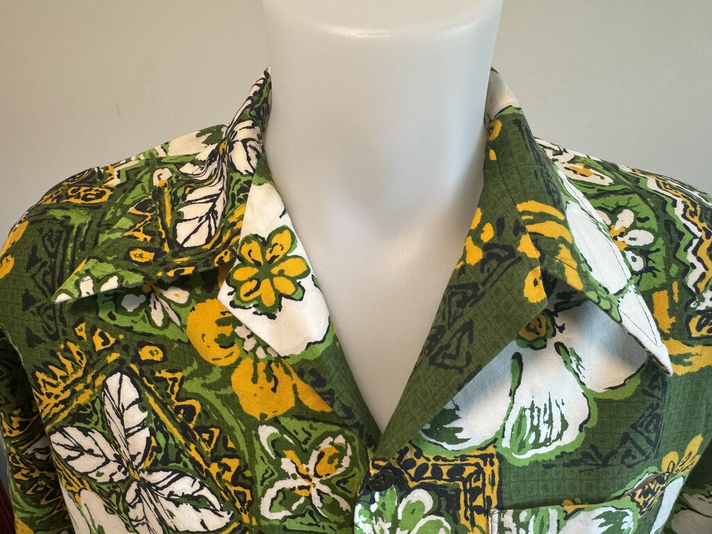 1960s Kona Kai Floral Geometric Shirt – Green, Yellow & White Cotton (M)