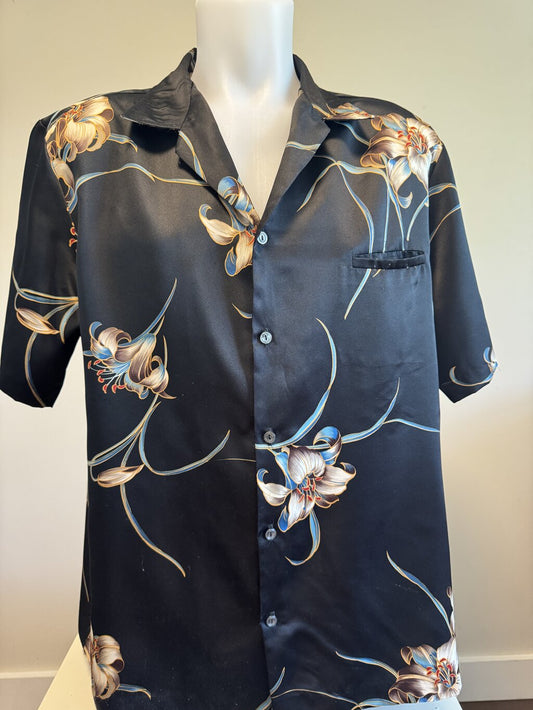 1980s Pacifica Lily Print Shirt – Black Silky Polyester with Muted Blue & Beige (XL)