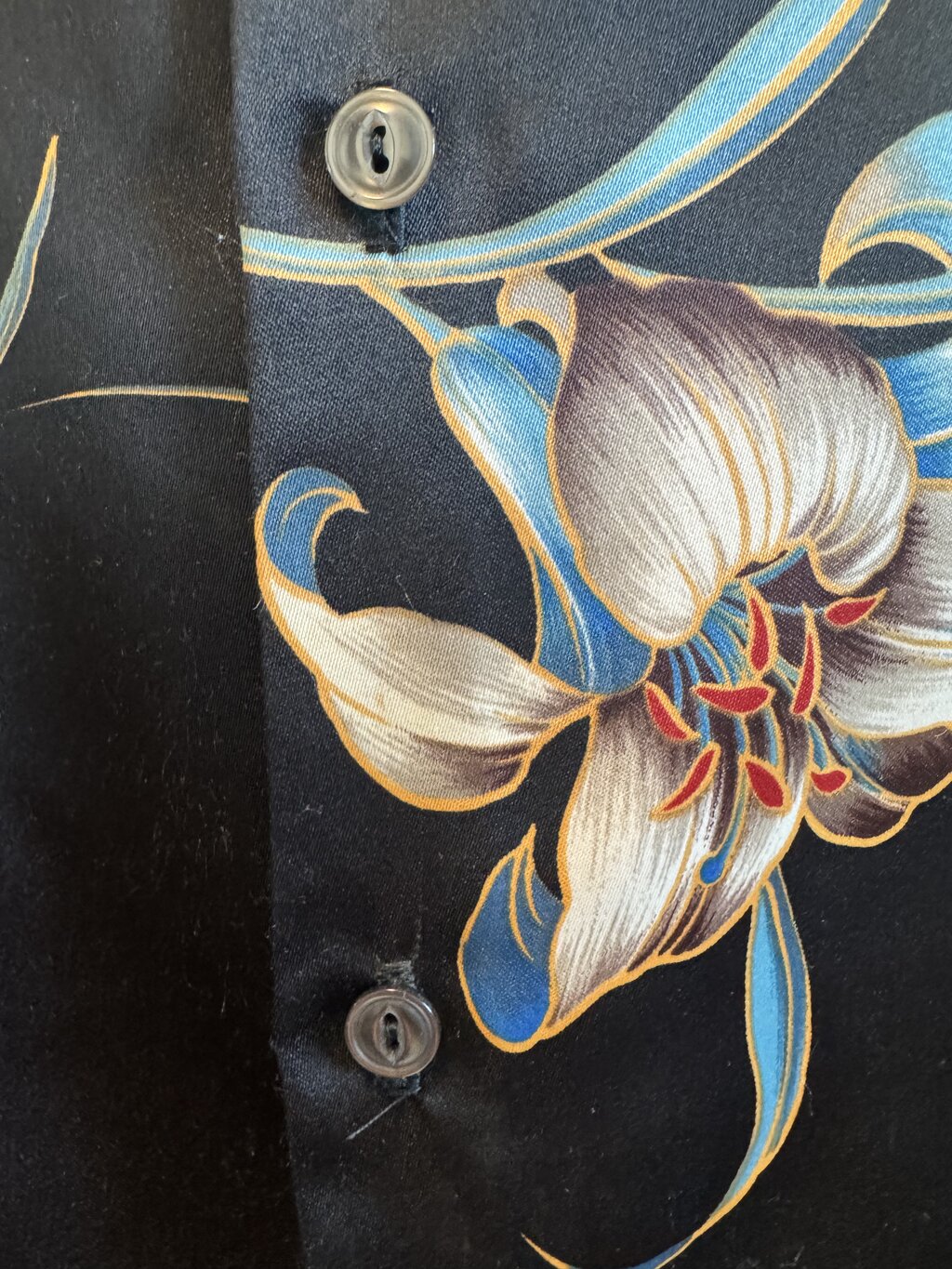 1980s Pacifica Lily Print Shirt – Black Silky Polyester with Muted Blue & Beige (XL)