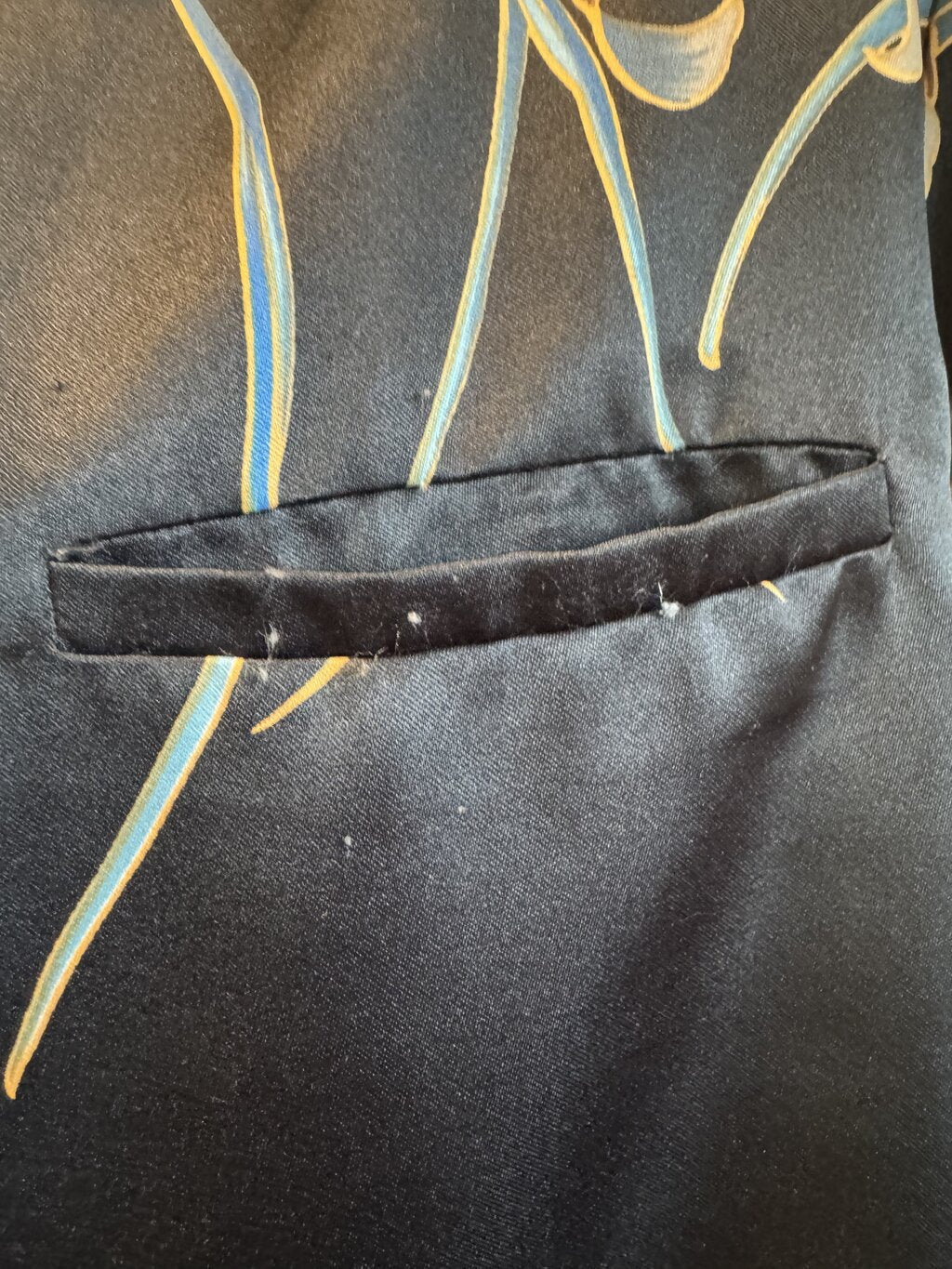 1980s Pacifica Lily Print Shirt – Black Silky Polyester with Muted Blue & Beige (XL)