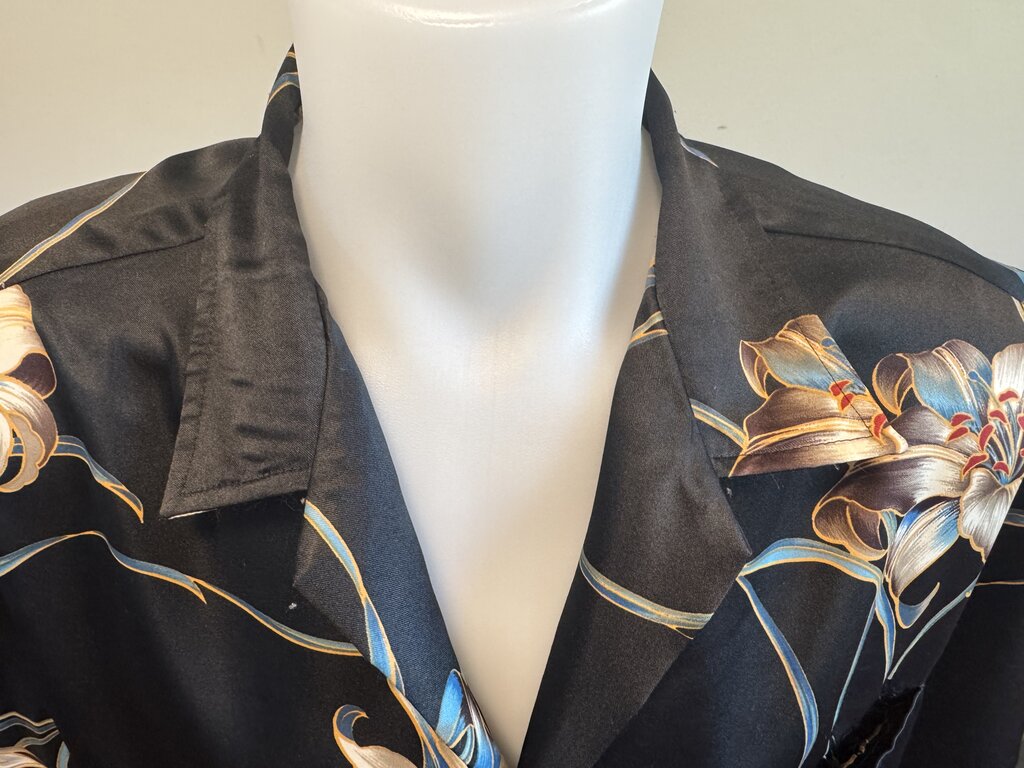 1980s Pacifica Lily Print Shirt – Black Silky Polyester with Muted Blue & Beige (XL)