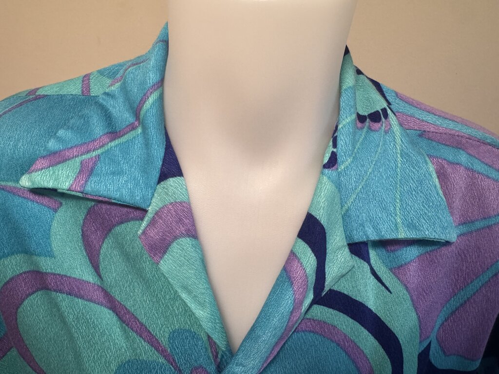 1970s Mei Jan Psychedelic Floral Shirt – Blue & Purple Rayon Pop (XL)