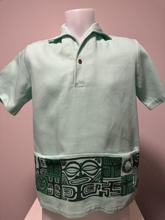 1960s Iolani Tiki Border Shirt – Pale Mint Textured Knit with Tribal Motif (S)