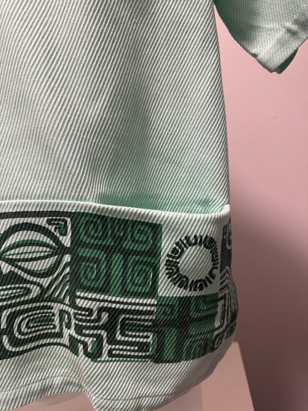 1960s Iolani Tiki Border Shirt – Pale Mint Textured Knit with Tribal Motif (S)