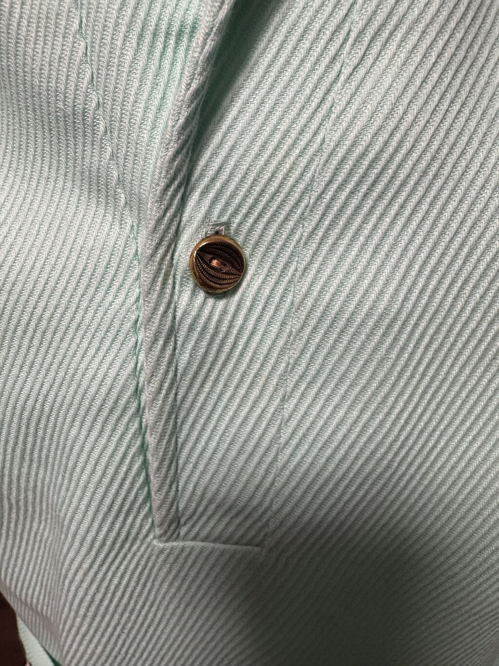 1960s Iolani Tiki Border Shirt – Pale Mint Textured Knit with Tribal Motif (S)