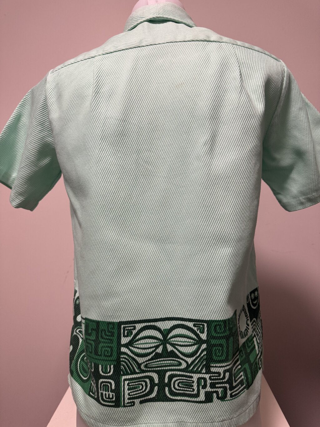1960s Iolani Tiki Border Shirt – Pale Mint Textured Knit with Tribal Motif (S)