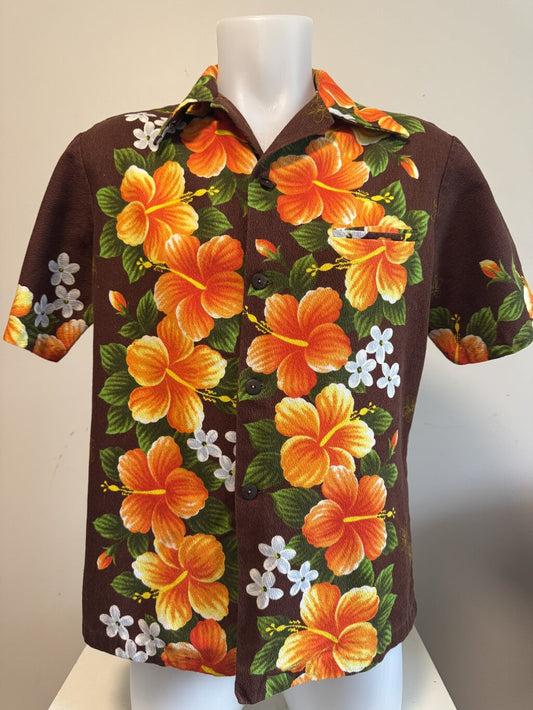 1960s Ui-Maikai Barkcloth Aloha Shirt – Orange Hibiscus on Deep Chocolate (M)