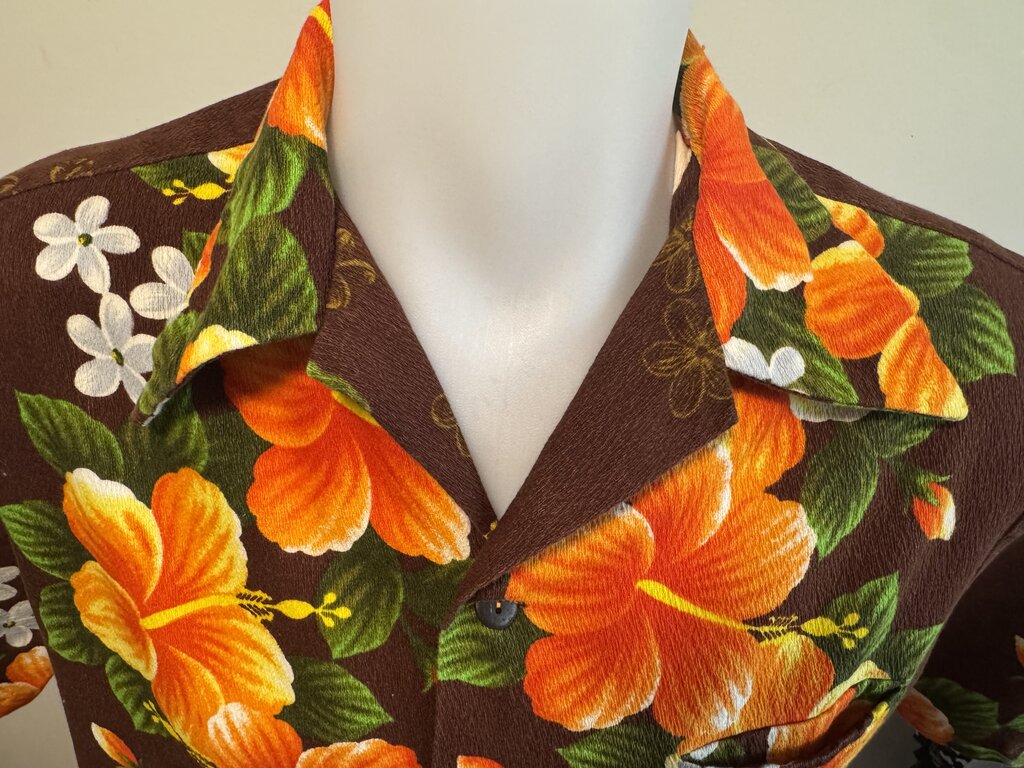 1960s Ui-Maikai Barkcloth Aloha Shirt – Orange Hibiscus on Deep Chocolate (M)