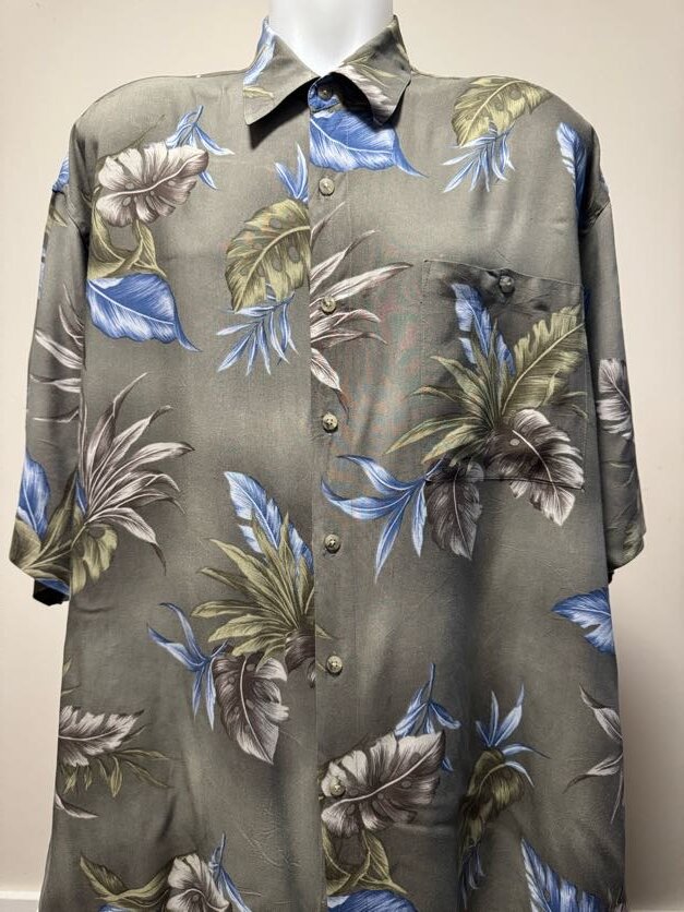 1990s Pierre Cardin Floral Rayon Shirt – Gray/Blue/Olive (XXL)
