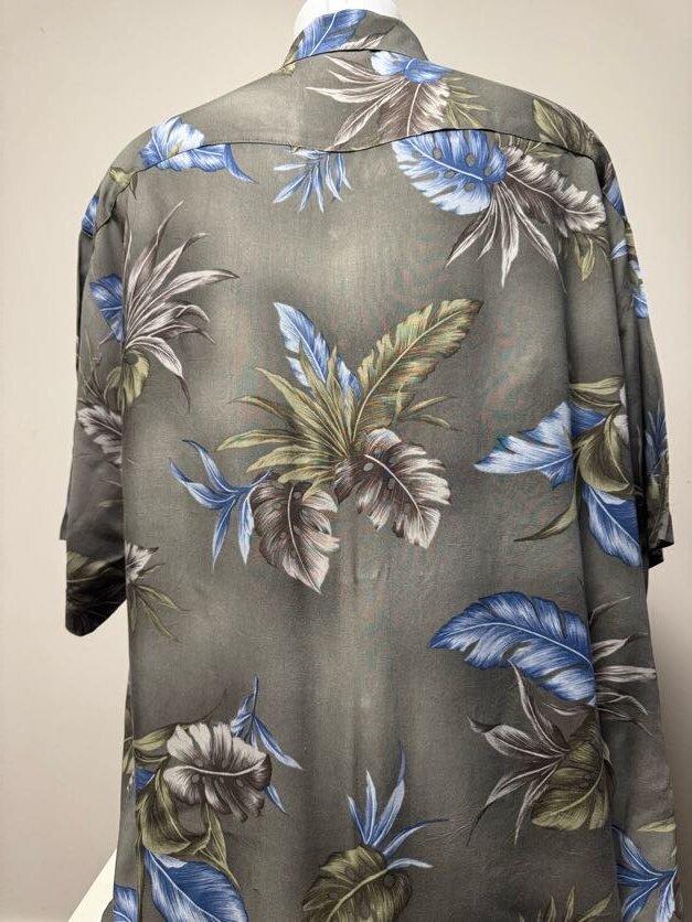 1990s Pierre Cardin Floral Rayon Shirt – Gray/Blue/Olive (XXL)