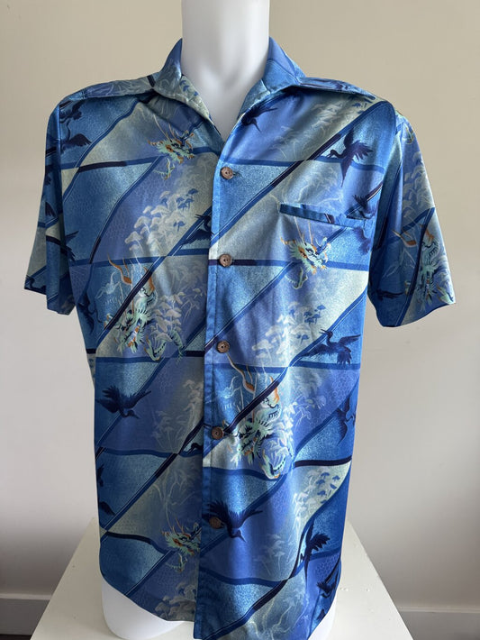 70s Blue Dragon & Crane Shirt – Bamboo Buttons & Mythical Vibe