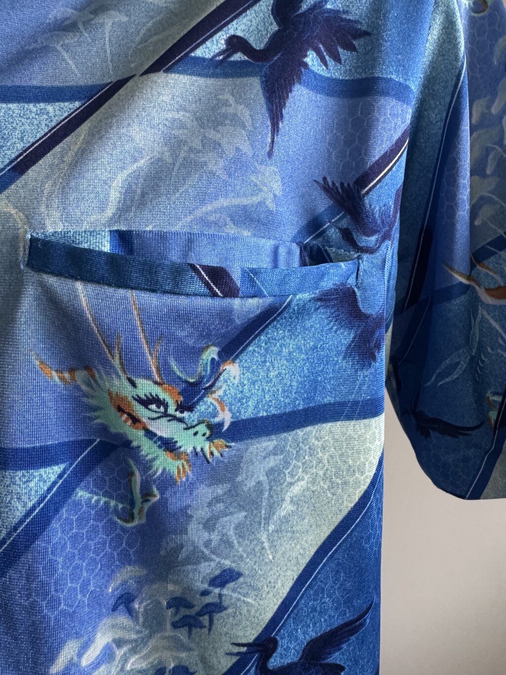 70s Blue Dragon & Crane Shirt – Bamboo Buttons & Mythical Vibe