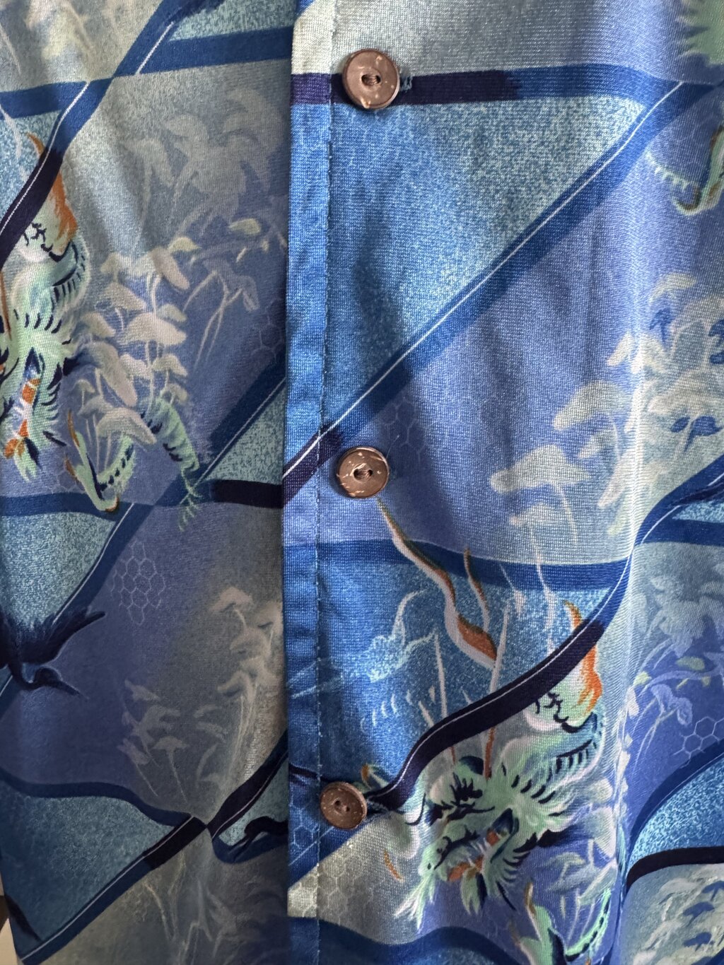 70s Blue Dragon & Crane Shirt – Bamboo Buttons & Mythical Vibe
